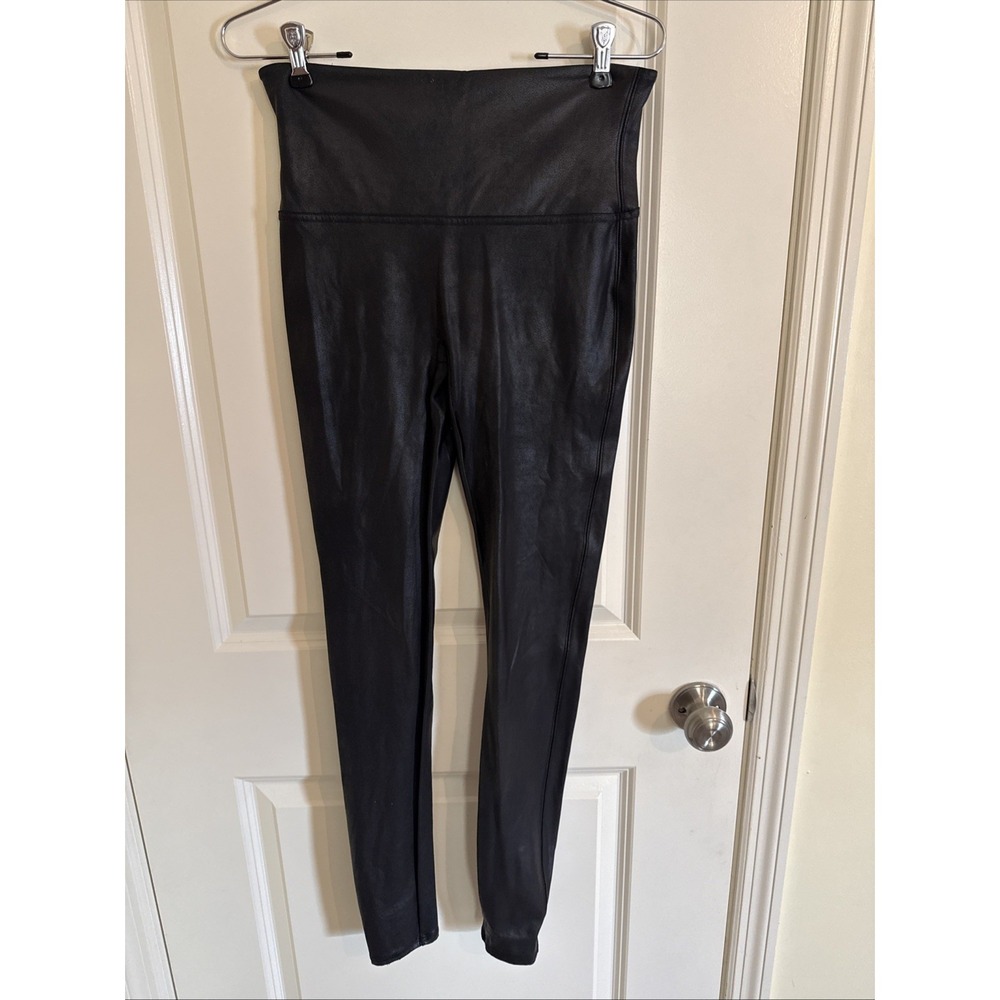 SPANX Black Faux Leather High Rise Leggings Women's size L Tall Moto Festival
